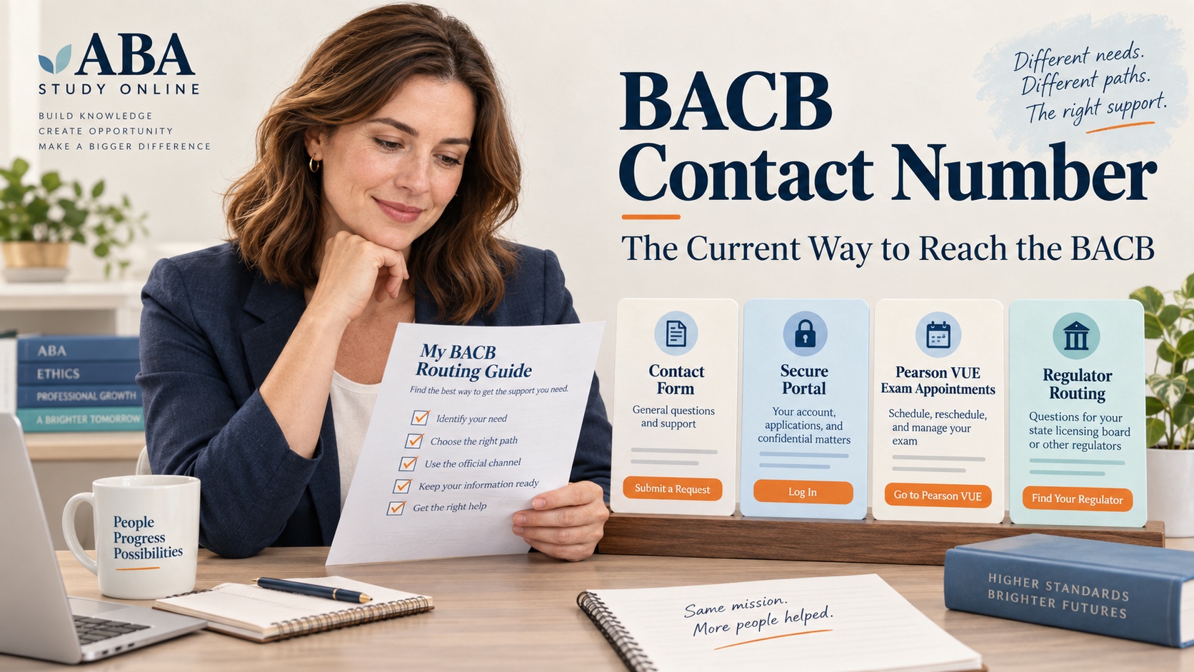 A White female professional checks an official BACB contact route guide, a portal login note, a Pearson VUE exam card, and a regulator form in one integrated editorial scene.