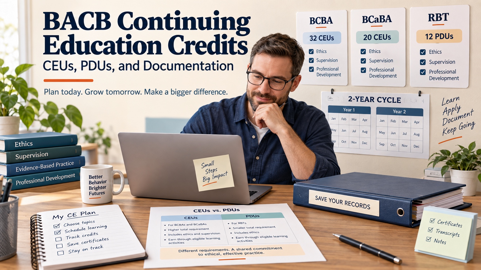 A White male behavior analyst organizes BACB continuing education credits with a two-year calendar, ethics and supervision markers, role cards, and a documentation folder in one integrated editorial scene.