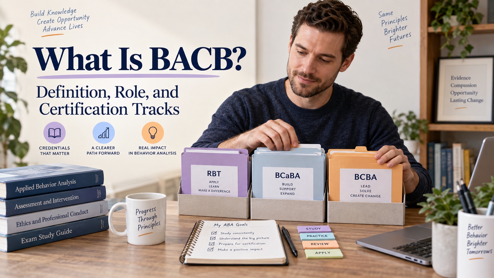 A White man ABA learner organizing official-source folders about BACB, ABA, and certification tracks in an editorial study scene.