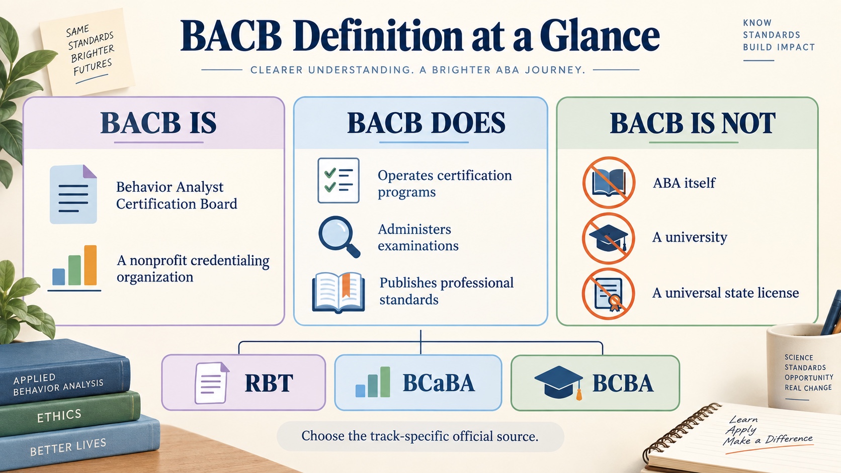 A no-person ABA infographic separating BACB as a credentialing organization, ABA as a behavior-analytic field, and state or local rules as a separate practice context.