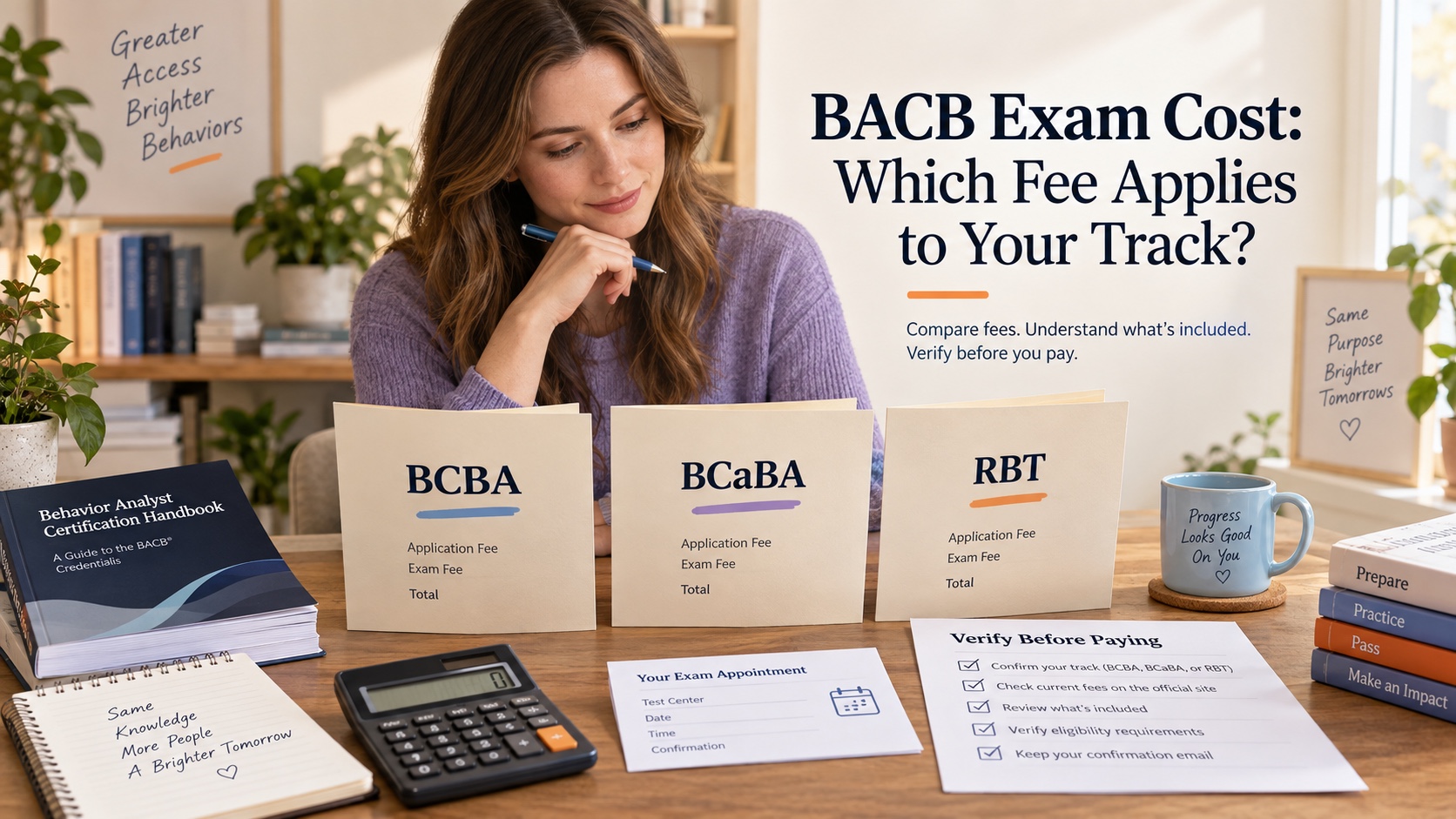 A realistic White woman compares BCBA, BCaBA, and RBT fee folders with a calculator, BACB handbook, Pearson VUE appointment card, and verify-before-paying checklist in an integrated editorial scene titled BACB Exam Cost: Which Fee Applies to Your Track?