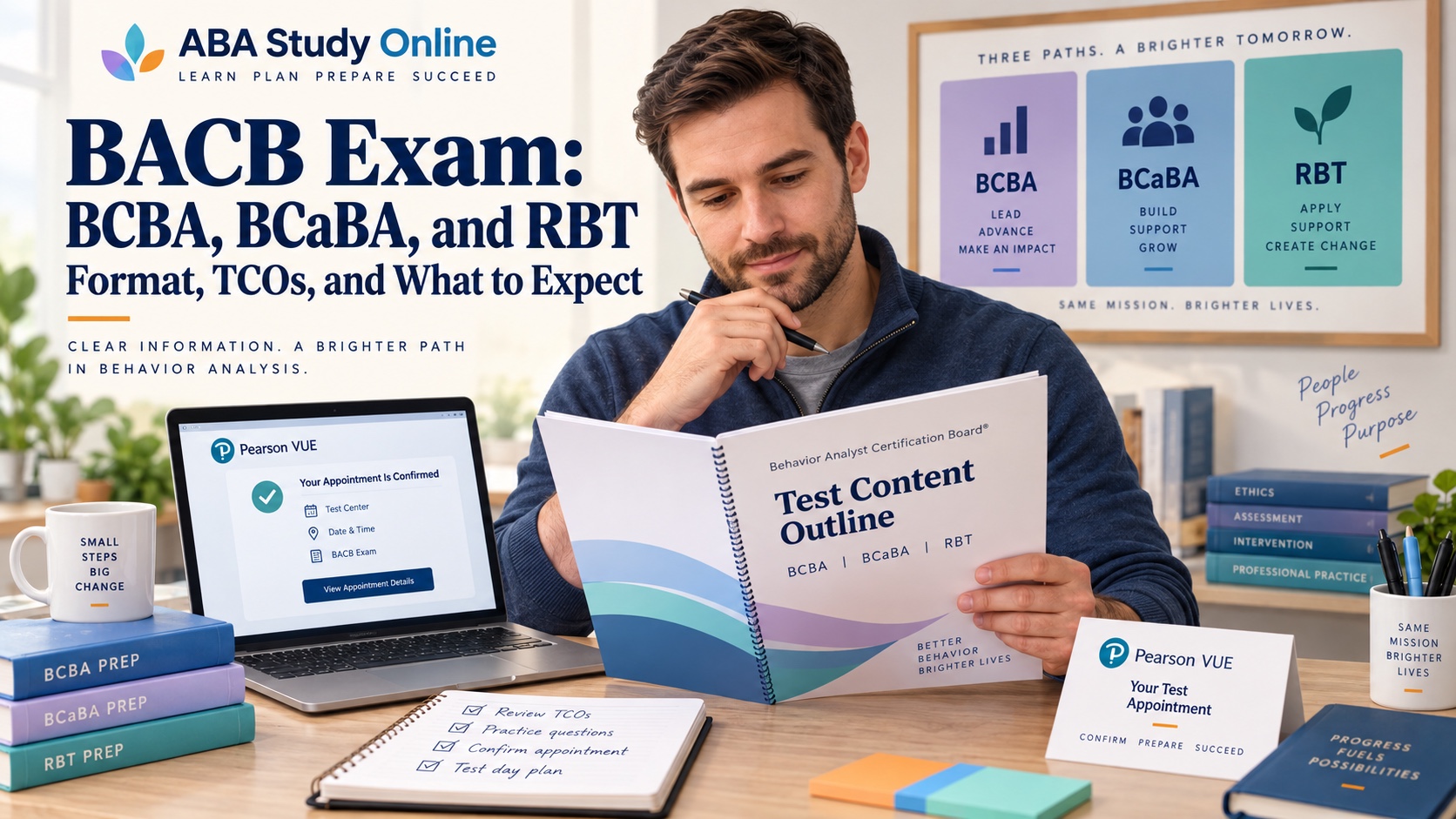 A White man studies a BACB test content outline beside a computer-based testing screen, a Pearson VUE appointment card, and a three-track exam map in an integrated ABA Study Online editorial scene.