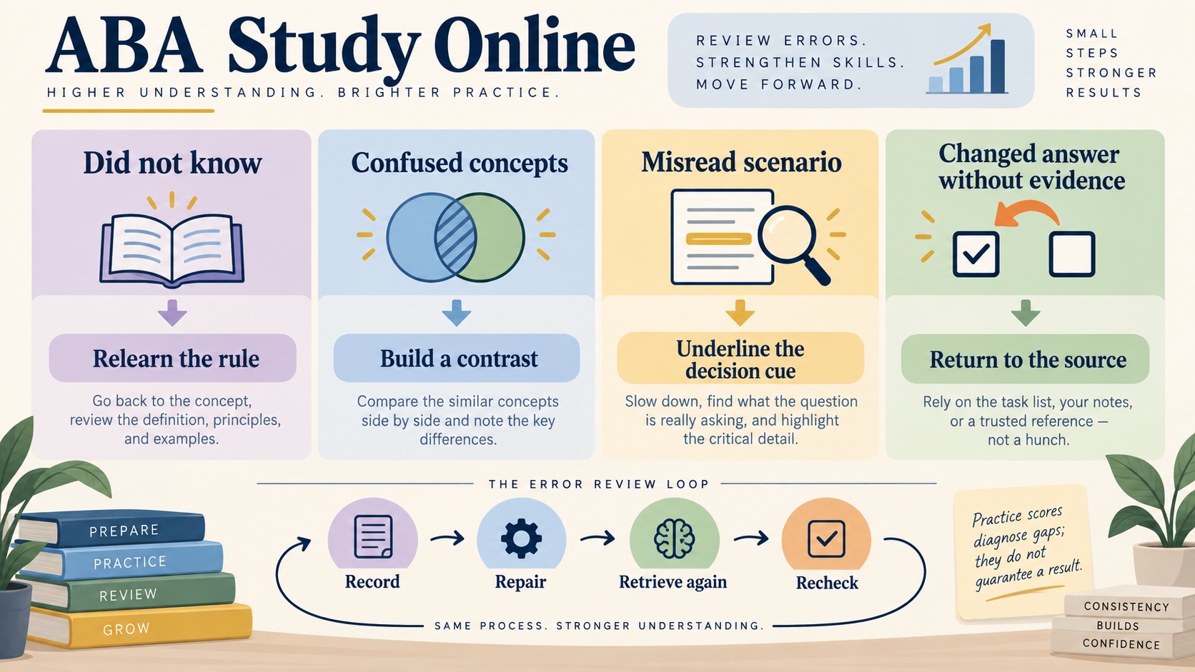 No-person infographic showing four BACB exam preparation error categories and repairs: did not know means relearn the rule, confused concepts means build a contrast, misread scenario means underline the decision cue, and changed answer without evidence means return to the source, followed by a Record, Repair, Retrieve again, Recheck loop.