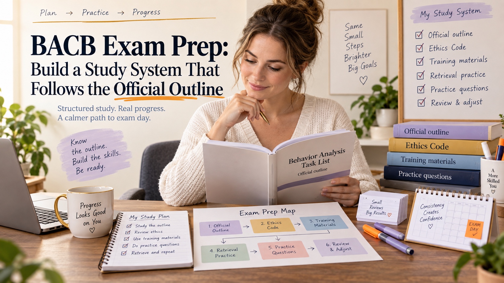 A realistic White woman studies an official behavior analysis outline while organizing an exam preparation map with an Ethics Code, training materials, retrieval practice, and practice questions in an integrated editorial scene titled BACB Exam Prep: Build a Study System That Follows the Official Outline.