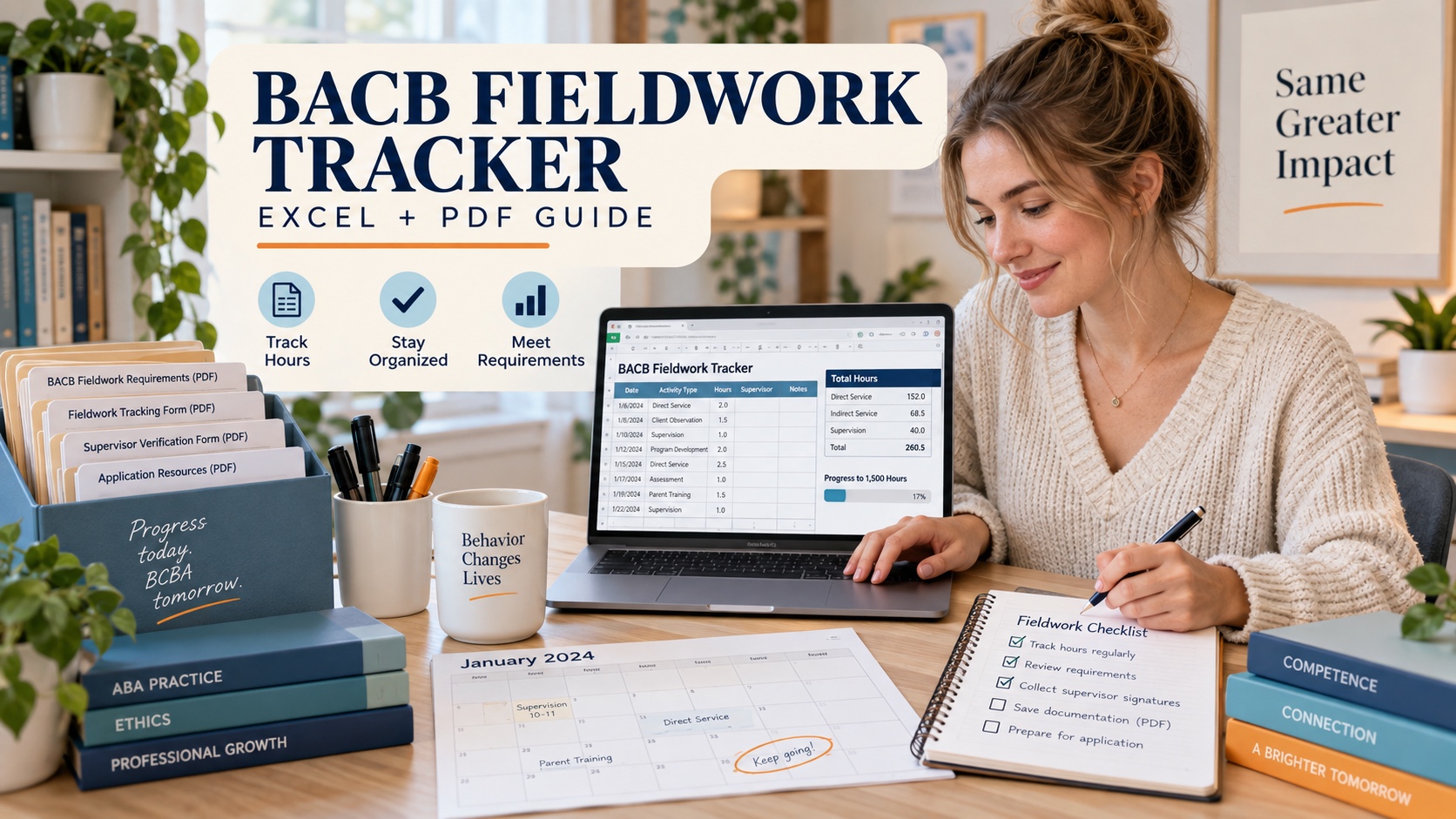 A realistic White woman organizes a BACB fieldwork tracker spreadsheet, official PDF forms, a monthly calendar, and a documentation checklist in one integrated editorial scene.