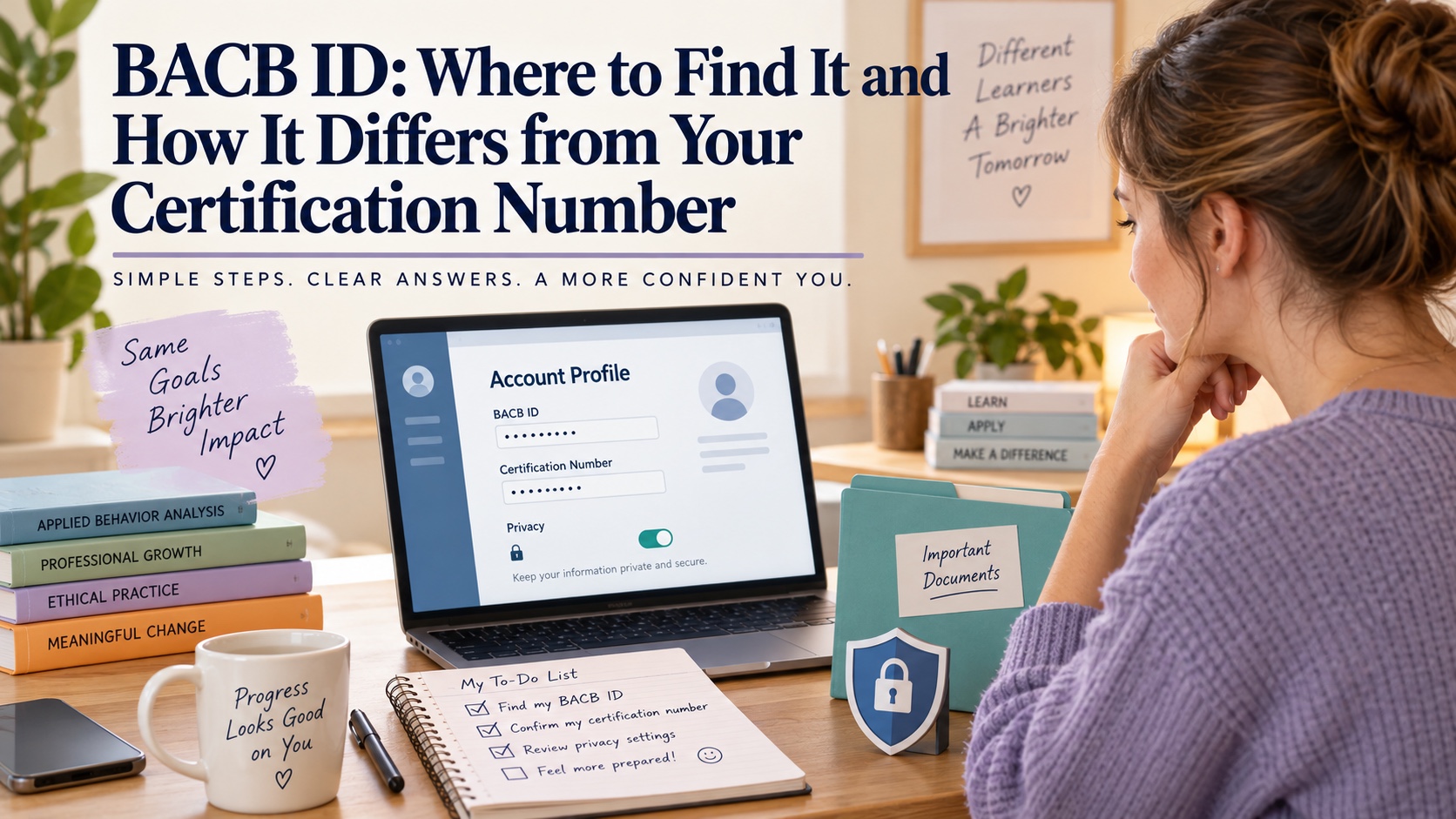 A White woman reviews a BACB portal profile checklist, document identifiers, and a privacy note in an integrated ABA Study Online editorial scene without showing real account data.