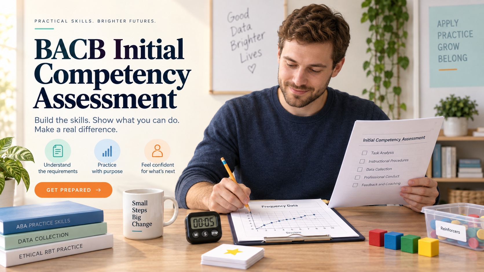 A realistic White male RBT applicant practices measurement, data recording, prompting, and professional documentation with a current BACB initial competency assessment packet in one integrated editorial scene.