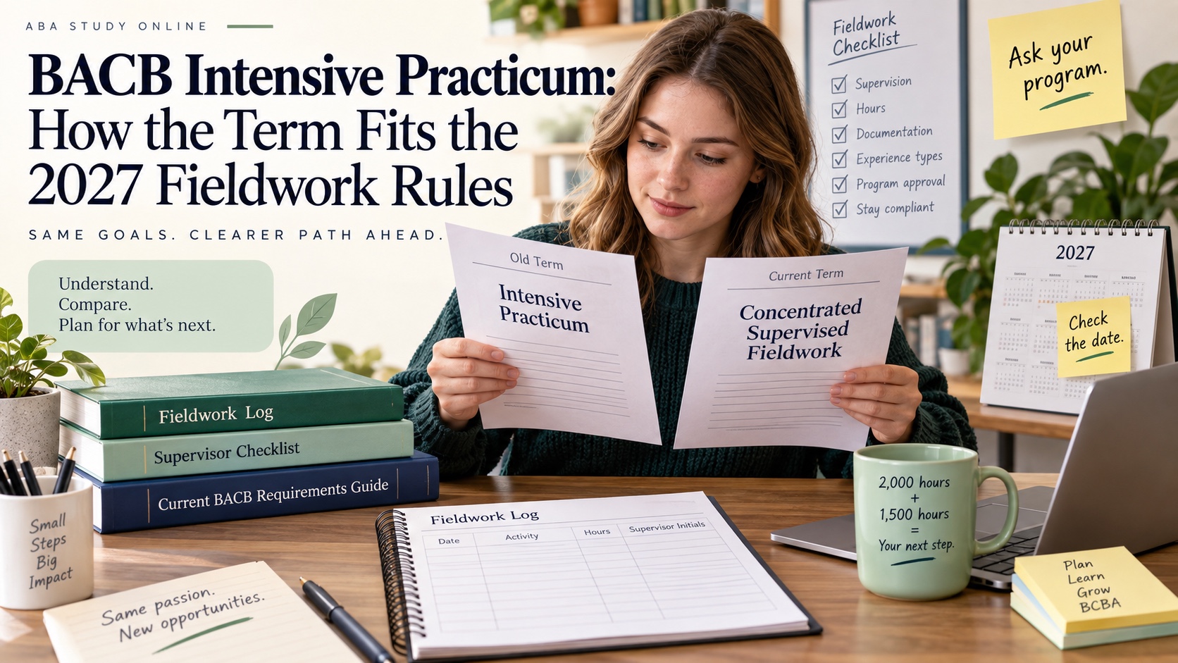 A realistic White female graduate learner compares older intensive practicum terminology with current concentrated supervised fieldwork documents, a fieldwork log, supervisor checklist, calendar, and current BACB requirements guide in an integrated editorial scene titled BACB Intensive Practicum: How the Term Fits the 2027 Fieldwork Rules.