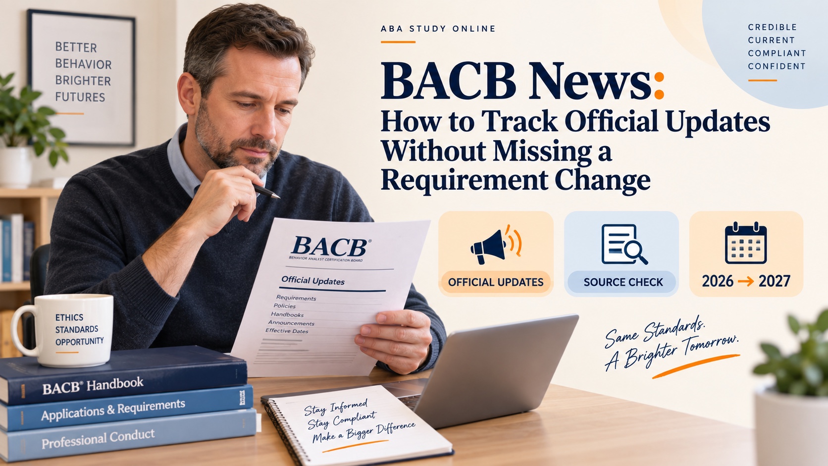 A realistic White man reviews official BACB update pages, a newsletter, and a dated transition calendar in one integrated ABA Study Online editorial scene.