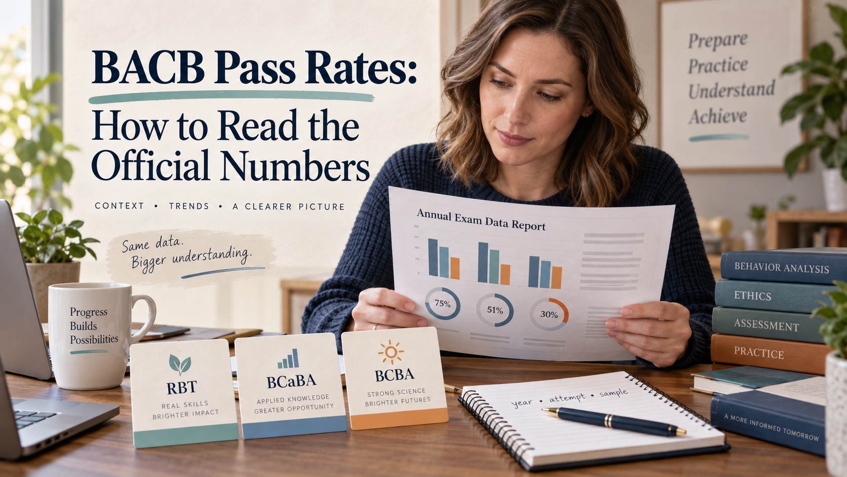 A White woman studies a neutral annual data report beside three credential cards for RBT, BCaBA, and BCBA, with a notebook for interpreting pass rates in one integrated editorial scene.