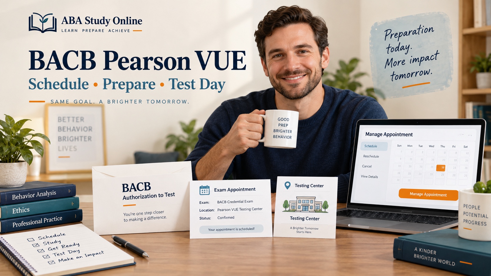 A White male candidate reviews a BACB Authorization to Test envelope, a Pearson VUE appointment confirmation, a testing-center card, and a laptop scheduling screen in one integrated editorial scene.