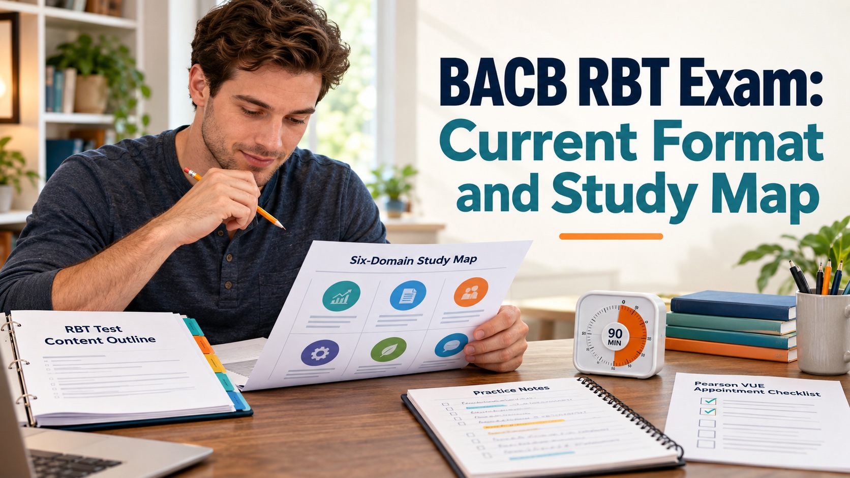 A realistic White male RBT candidate reviews an RBT Test Content Outline, six-domain study map, 90-minute timer, and Pearson VUE checklist in an integrated editorial scene titled BACB RBT Exam: Current Format and Study Map.