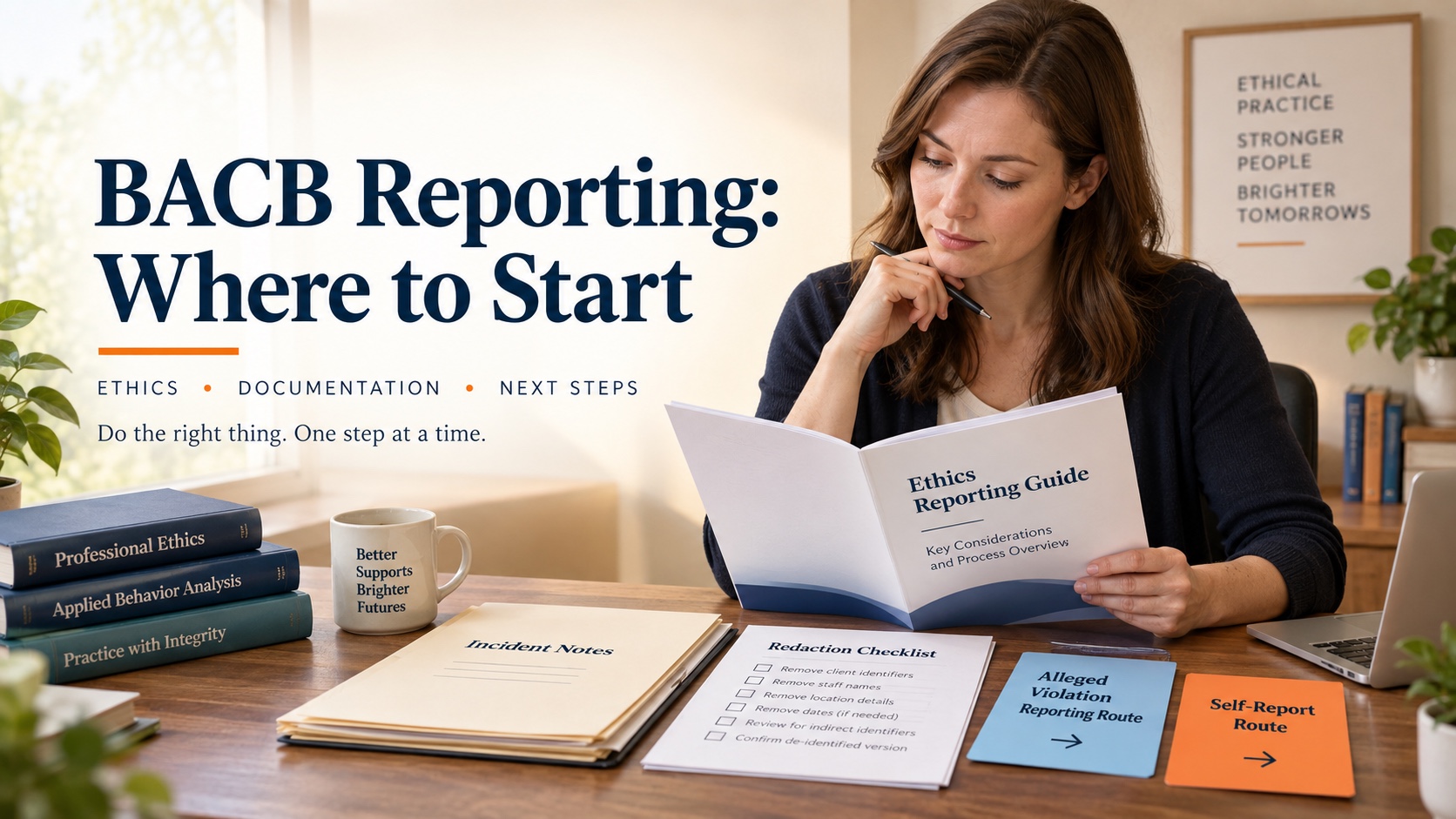 A realistic White woman reviews a BACB ethics reporting guide, incident notes folder, redaction checklist, and separate alleged-violation and self-report route cards in one integrated editorial scene.