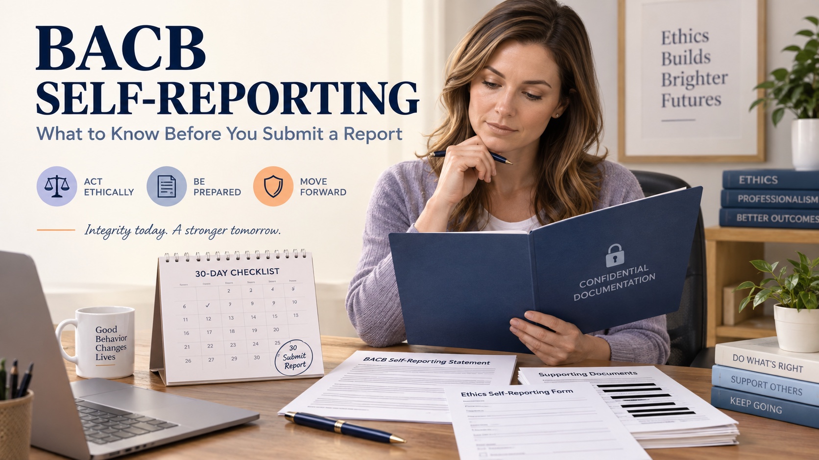 A White woman reviews a BACB self-reporting statement, a 30-day calendar, a secure document folder, and redacted supporting records in one integrated ABA Study Online editorial scene.