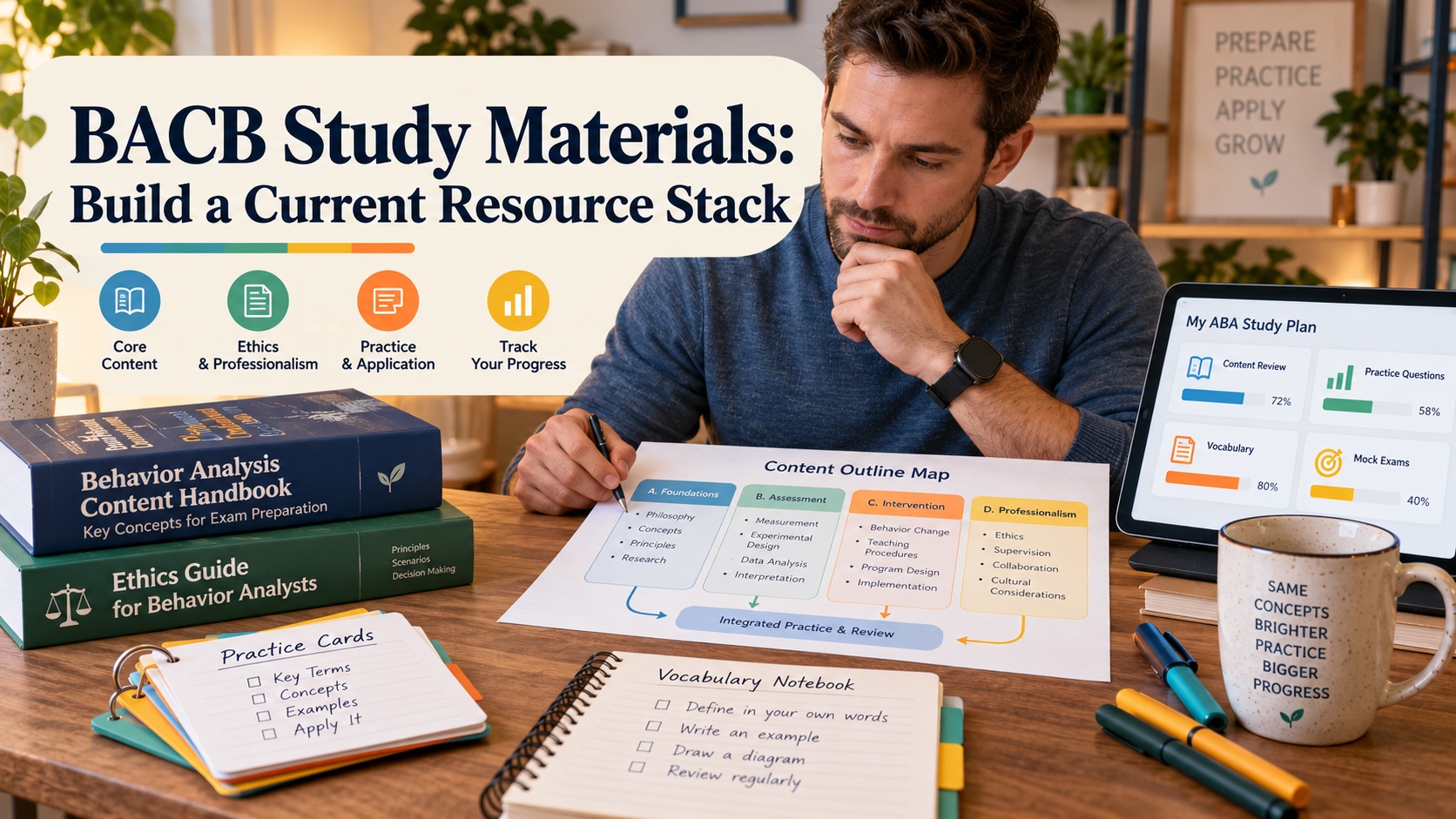 A realistic White man compares a fictional BACB content map, handbook, ethics guide, practice cards, vocabulary notebook, and study dashboard in an integrated ABA Study Online editorial scene.