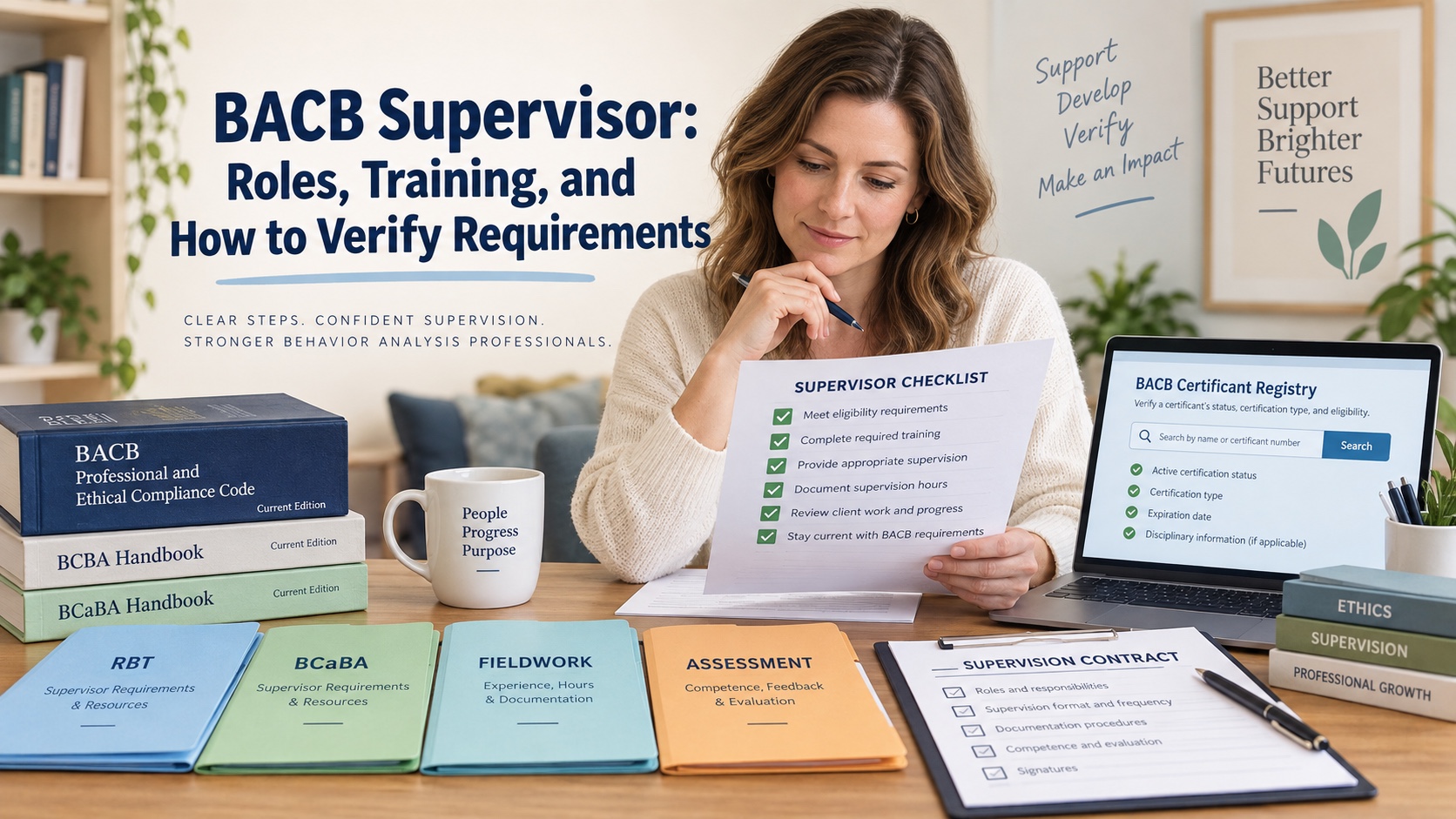 A White woman reviews a BACB supervisor checklist with RBT, BCaBA, fieldwork, and assessment documents, a current handbook stack, a registry screen, and a supervision contract in an integrated ABA Study Online editorial scene.