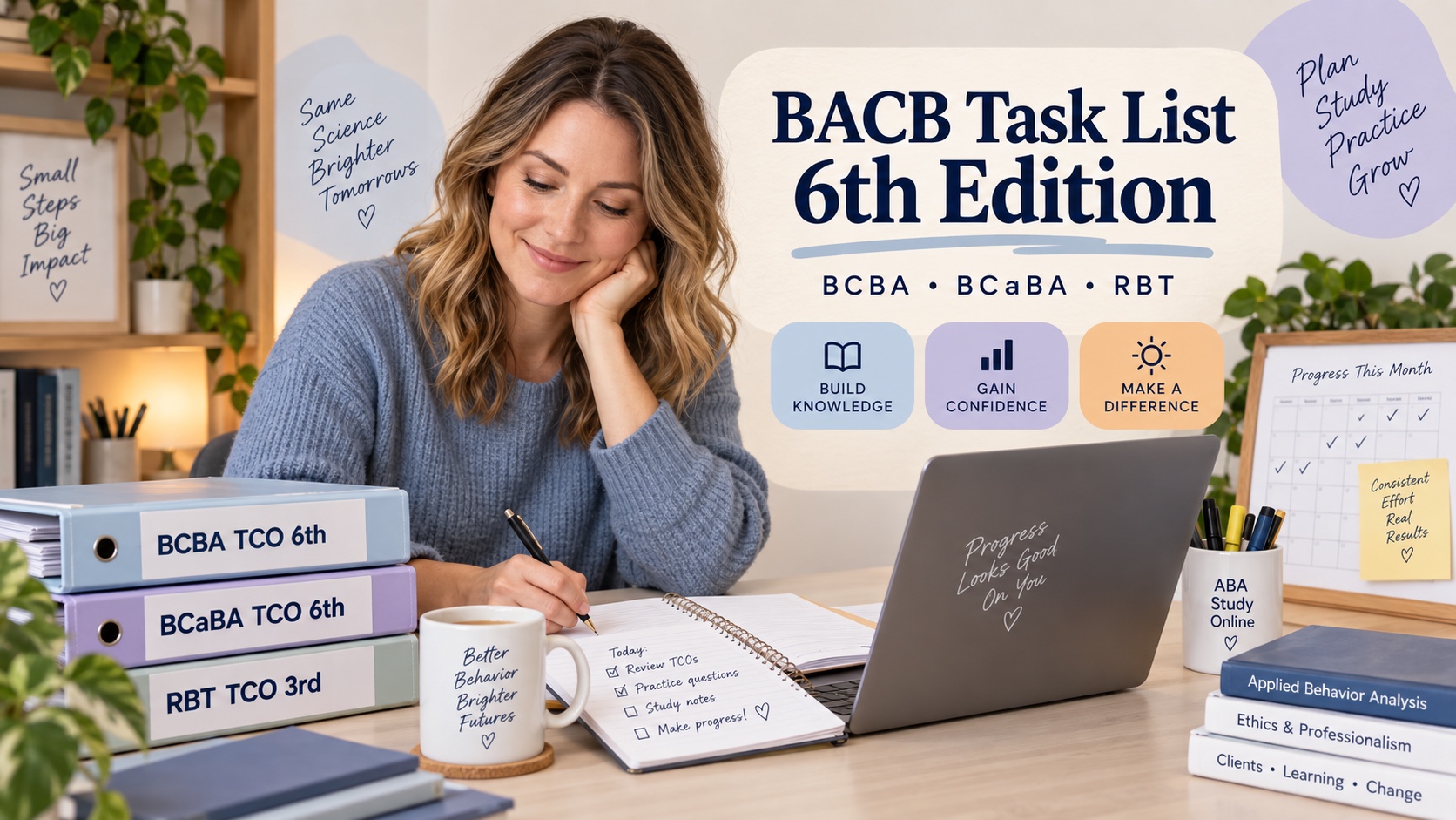 A White woman organizes BCBA TCO 6th, BCaBA TCO 6th, and RBT TCO 3rd study binders beside a study plan.