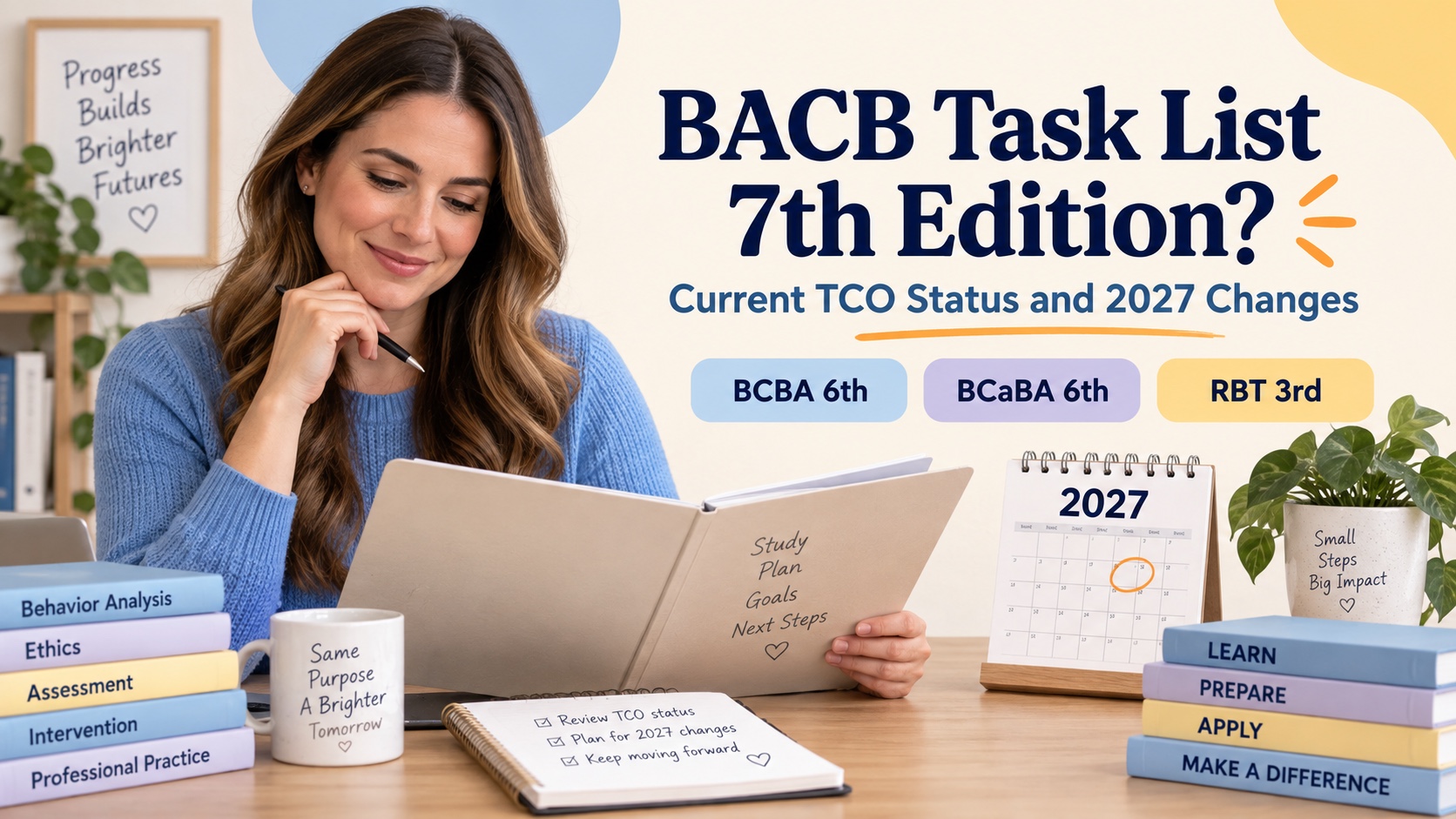A White woman checks current BACB test content versions beside a neutral study folder, edition tabs, and a 2027 transition calendar in one integrated editorial scene.