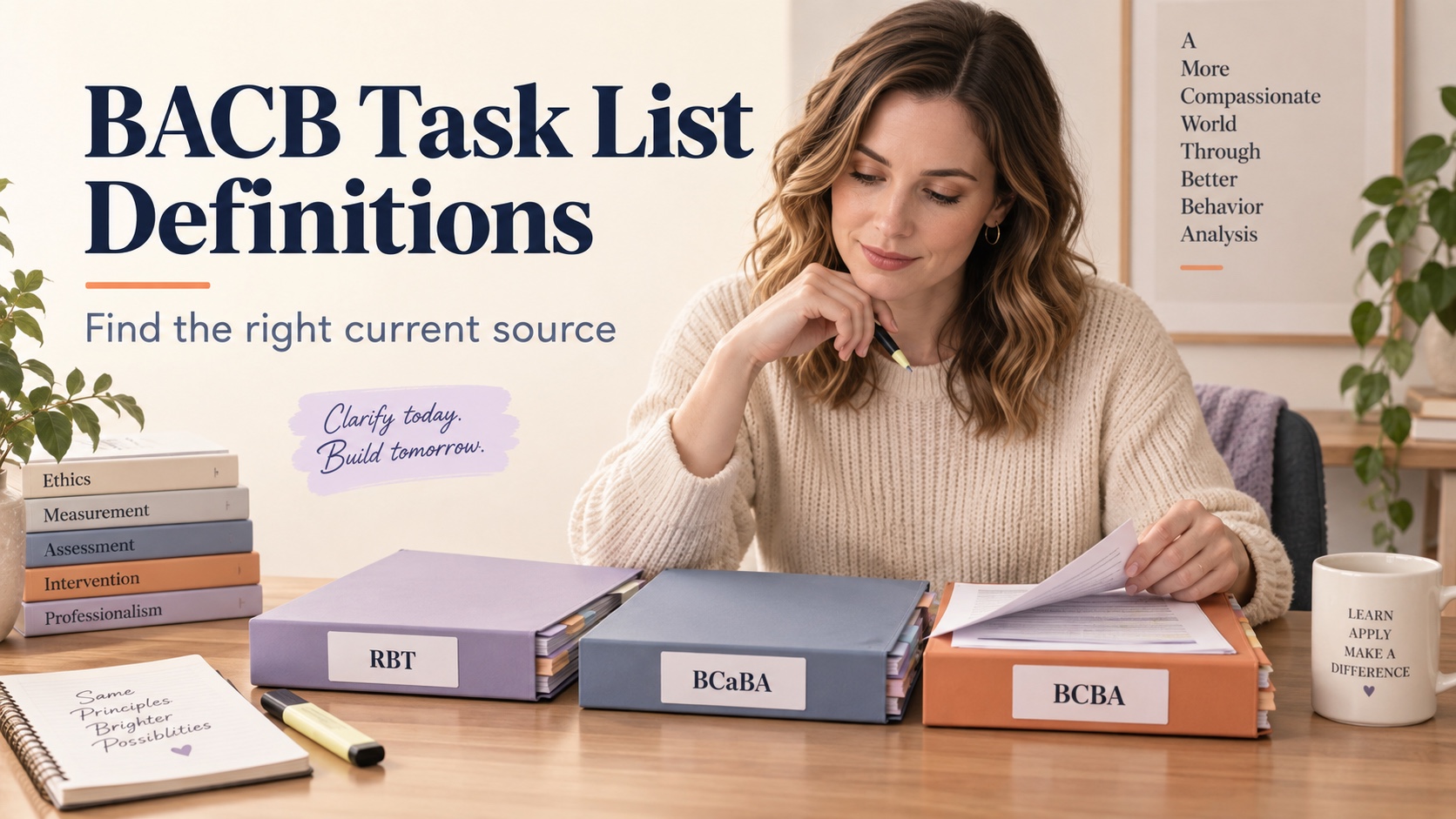 A White woman ABA learner reviewing organized RBT, BCaBA, and BCBA study documents in an editorial study scene.