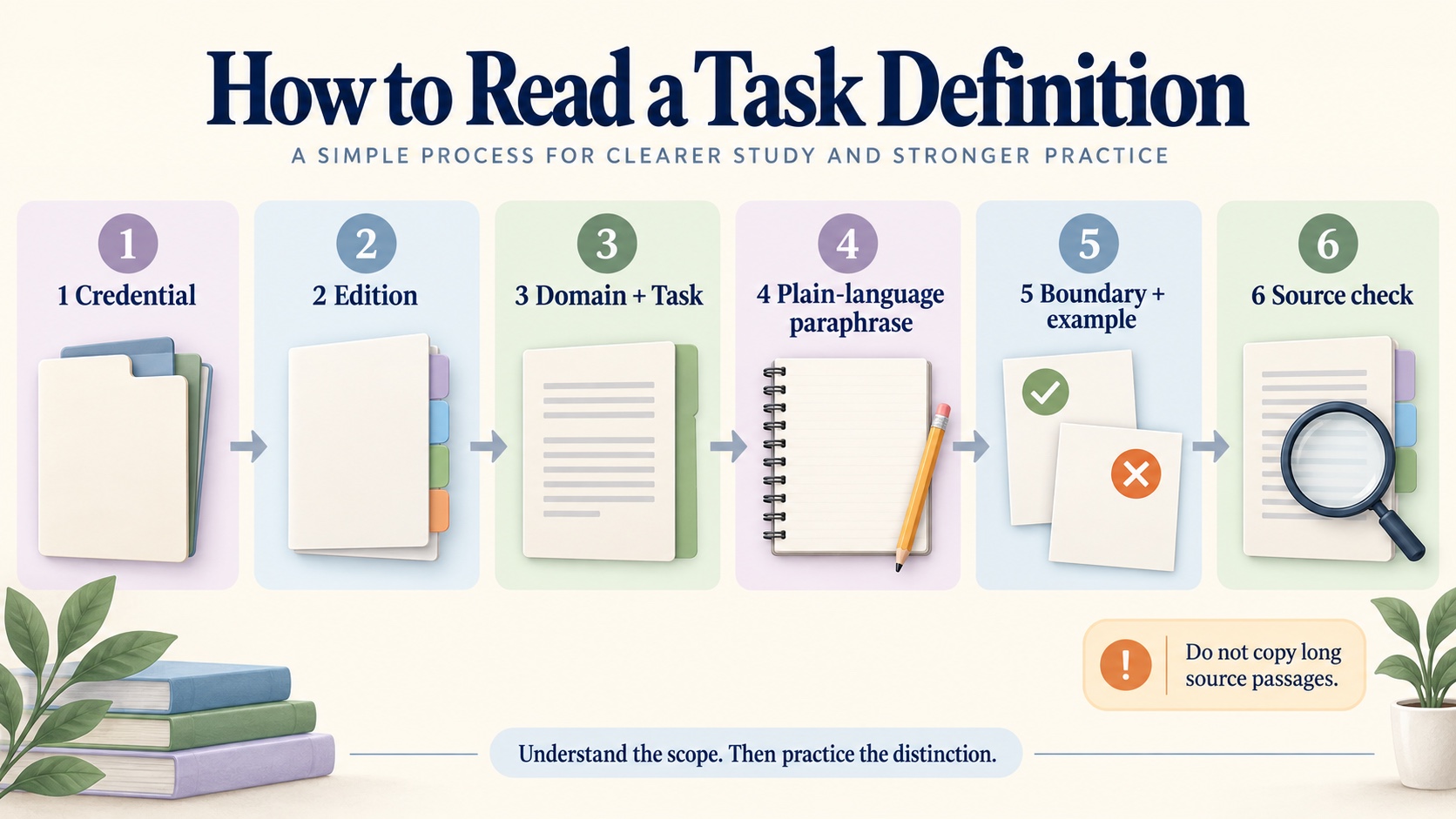 A no-person ABA infographic showing a six-step process for reading a task definition: credential, edition, domain, task, paraphrase, boundary, and source check.