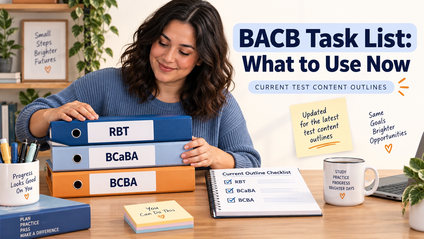 A learner organizing current BACB test content outlines for RBT, BCaBA, and BCBA study.