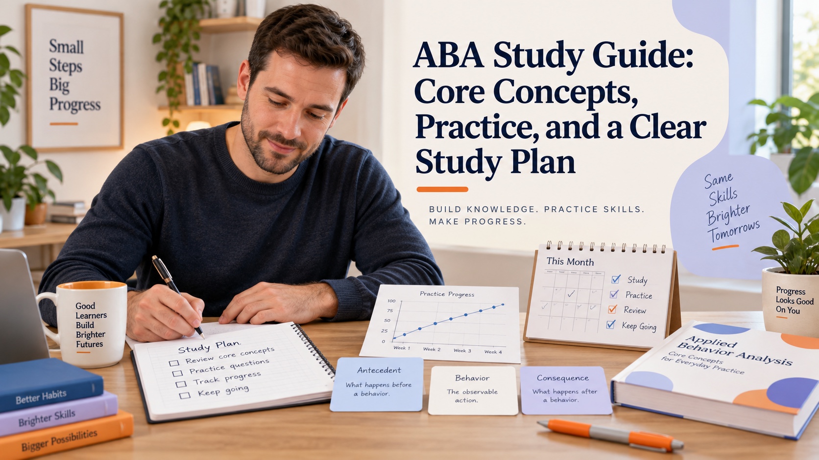 A realistic White man studies bacb test with concrete ABA learning materials in an integrated ABA Study Online editorial scene.