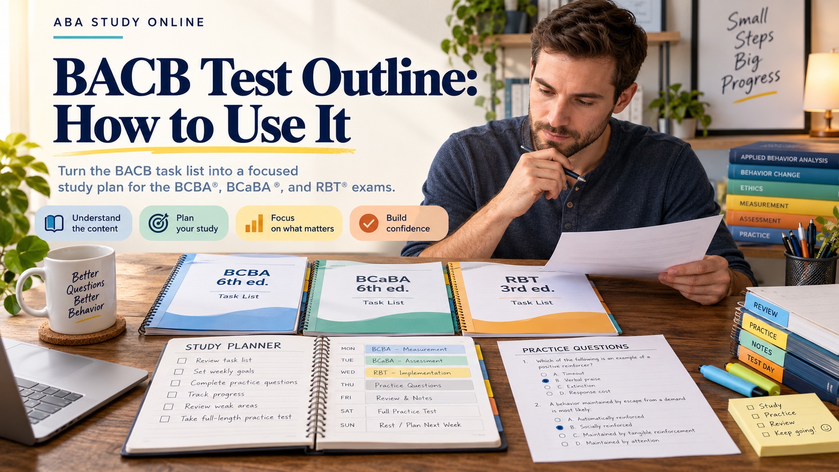 A realistic White man ABA learner reviews BCBA, BCaBA, and RBT test outline notebooks beside a study planner and practice questions in an integrated editorial scene titled BACB Test Outline: How to Use It.