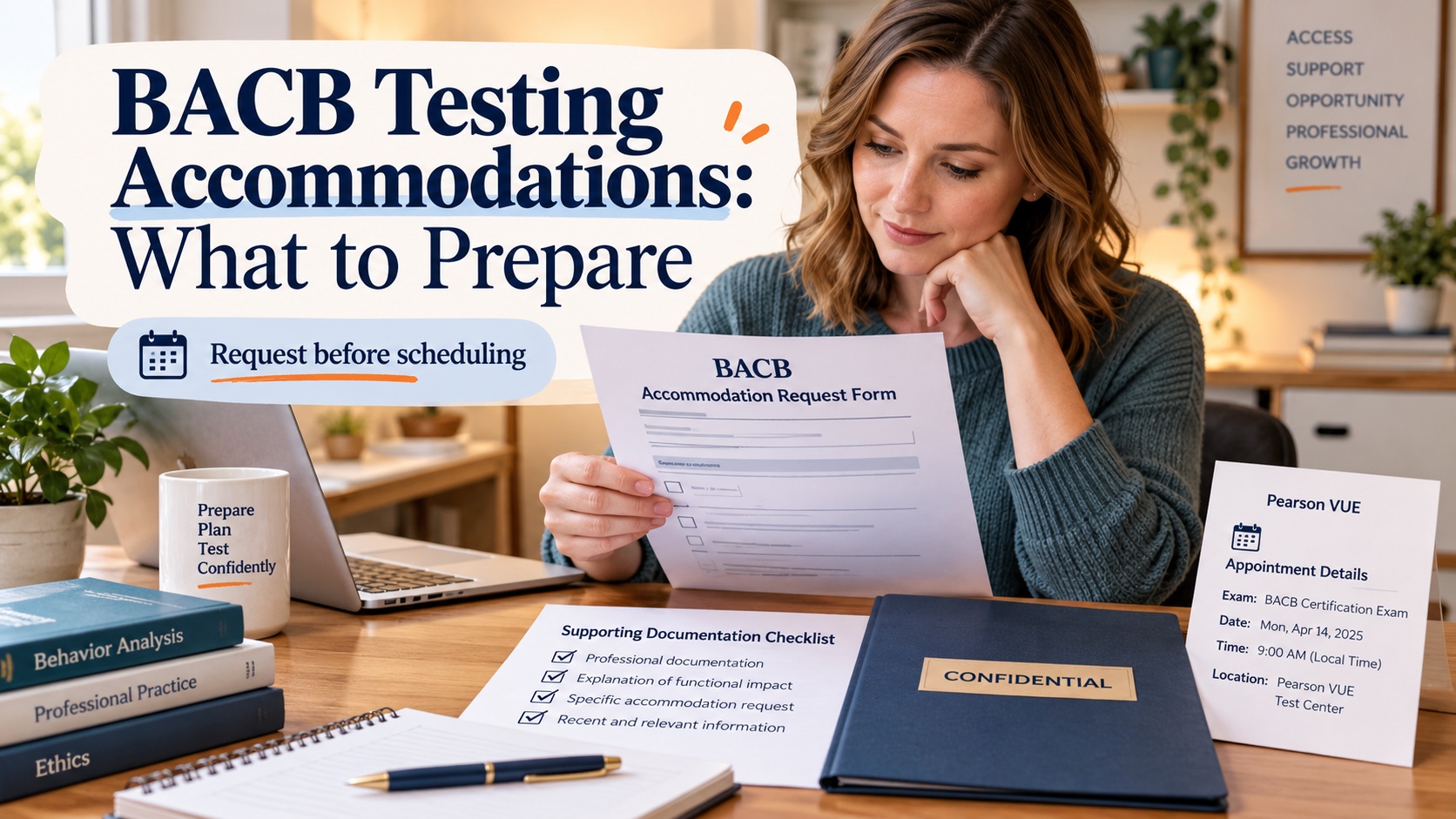 A realistic White woman exam candidate reviews a BACB accommodation request form, supporting documentation checklist, confidential folder, and Pearson VUE appointment note in an integrated editorial scene titled BACB Testing Accommodations: What to Prepare.