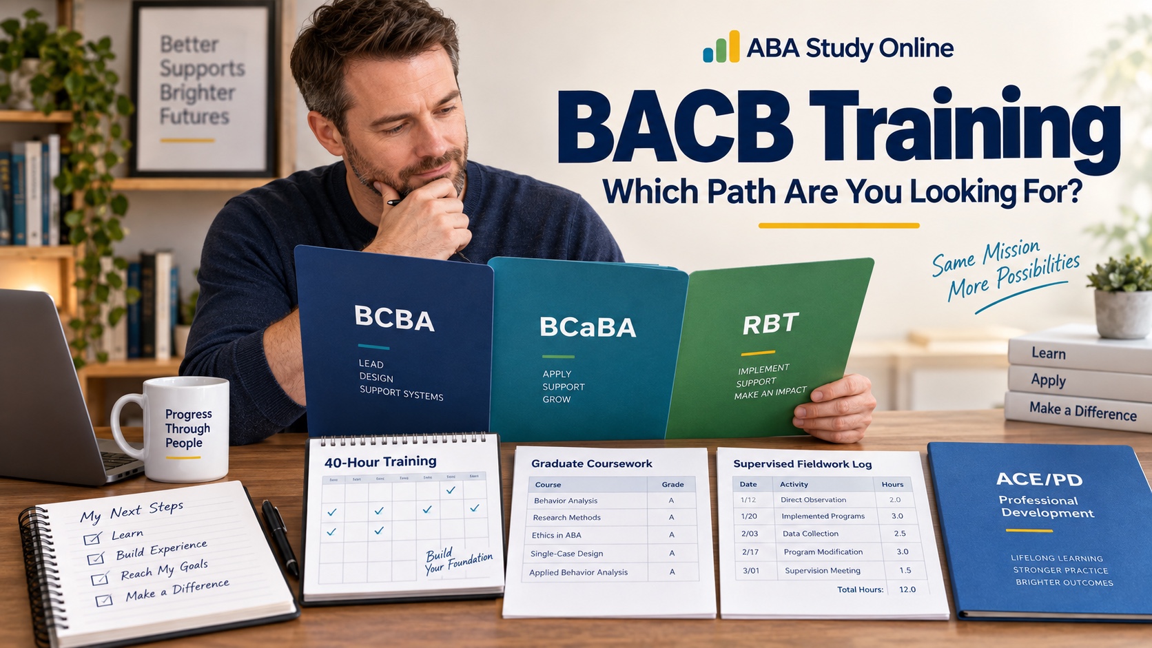 A White man compares BCBA, BCaBA, and RBT training-route folders alongside coursework, fieldwork, a 40-hour calendar, and continuing-education notes in an integrated ABA Study Online editorial scene titled BACB Training.