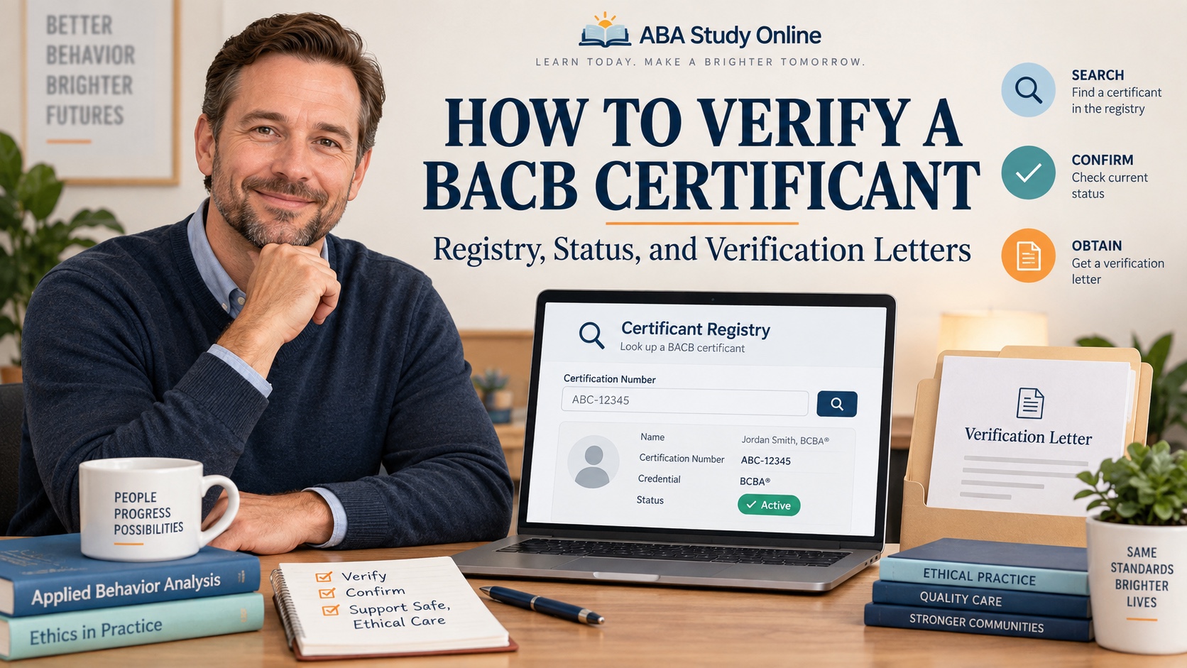A White man reviews an official BACB certificant registry search, certification status badge, credential number, and verification letter folder in one integrated ABA Study Online editorial scene.