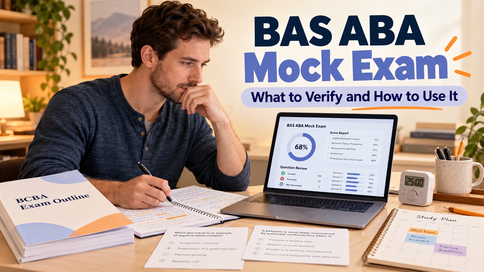 A White man studies a difficult BAS ABA mock exam beside a BCBA outline, timer, answer-review notes, and a score report in an integrated ABA Study Online editorial scene.