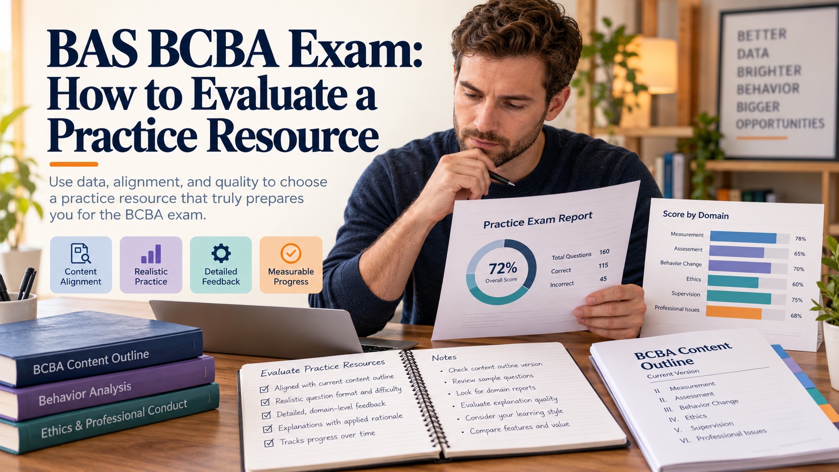 A realistic White man evaluates a BCBA practice report, domain chart, current content outline, and study notes in an integrated ABA Study Online editorial scene.