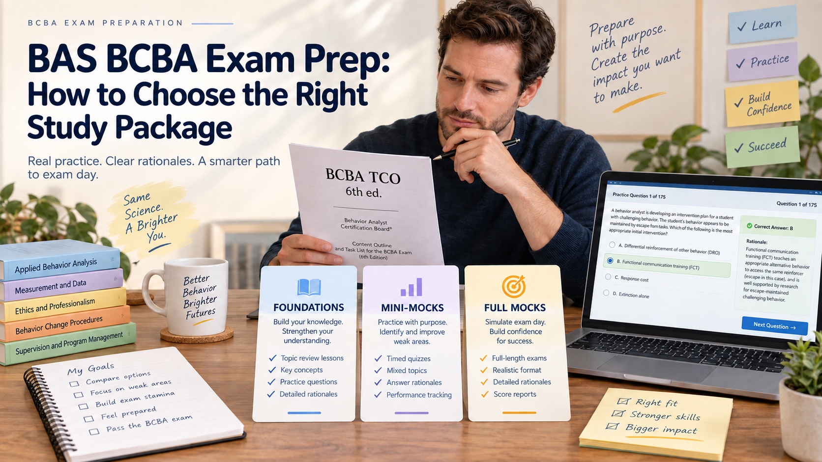 A White man compares BAS BCBA exam-prep package cards, a BCBA TCO 6th-edition document, a laptop rationale, and a study checklist in an integrated ABA Study Online editorial scene.