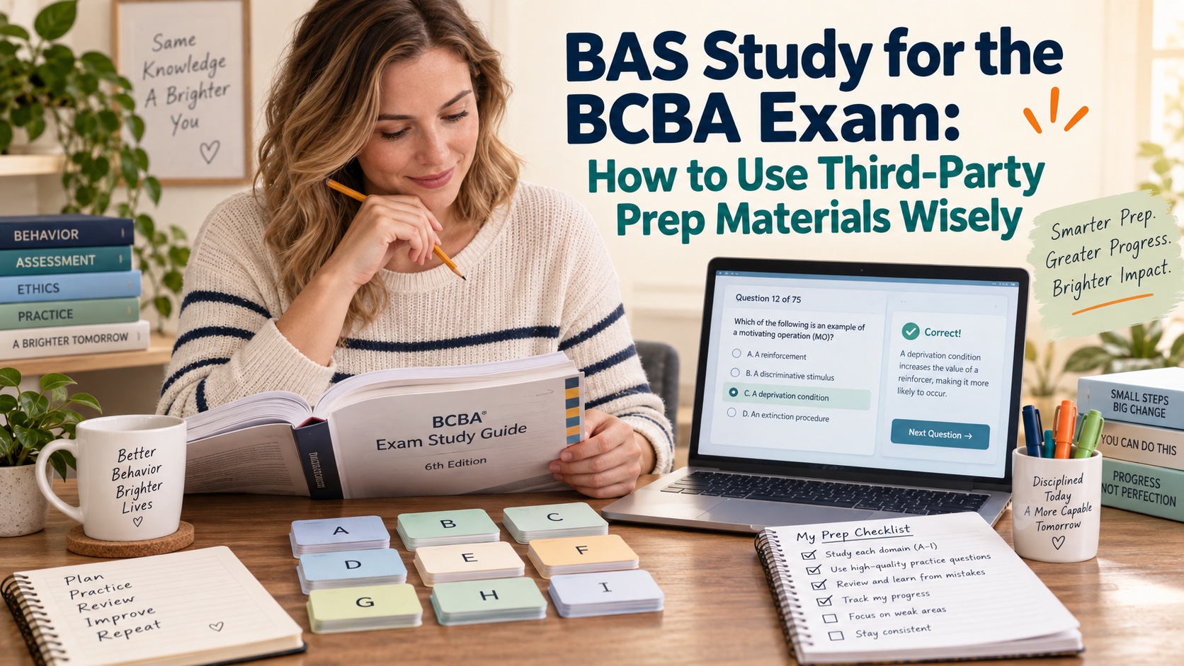 A White woman studies BAS-related BCBA preparation materials with a 6th-edition study guide, domain cards, practice questions, and a review checklist in an integrated ABA Study Online editorial scene.