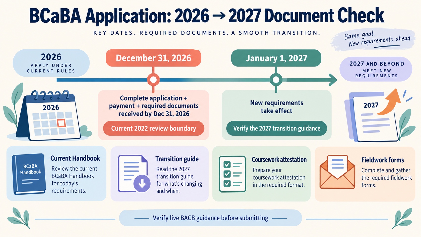 No-person infographic showing the BCaBA application date boundary: verify current 2022 requirements for a complete application received by December 31, 2026, compare live 2027 guidance, and check current forms, attestations, documents, and processing updates.