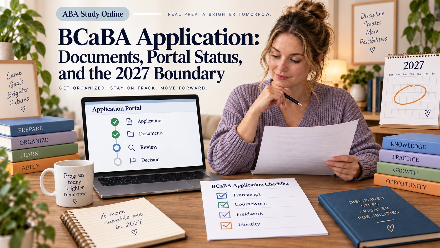 A White woman organizes a BCaBA application checklist with a transcript envelope, portal status notes, document folder, and transition calendar in an integrated ABA Study Online editorial scene.