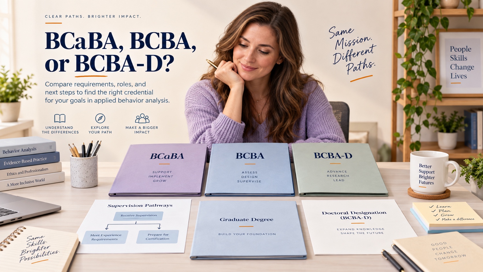 A realistic White female learner compares BCaBA, BCBA, and BCBA-D documents in one integrated editorial scene with a degree folder, supervision chart, doctoral designation file, and the title BCaBA, BCBA, or BCBA-D.