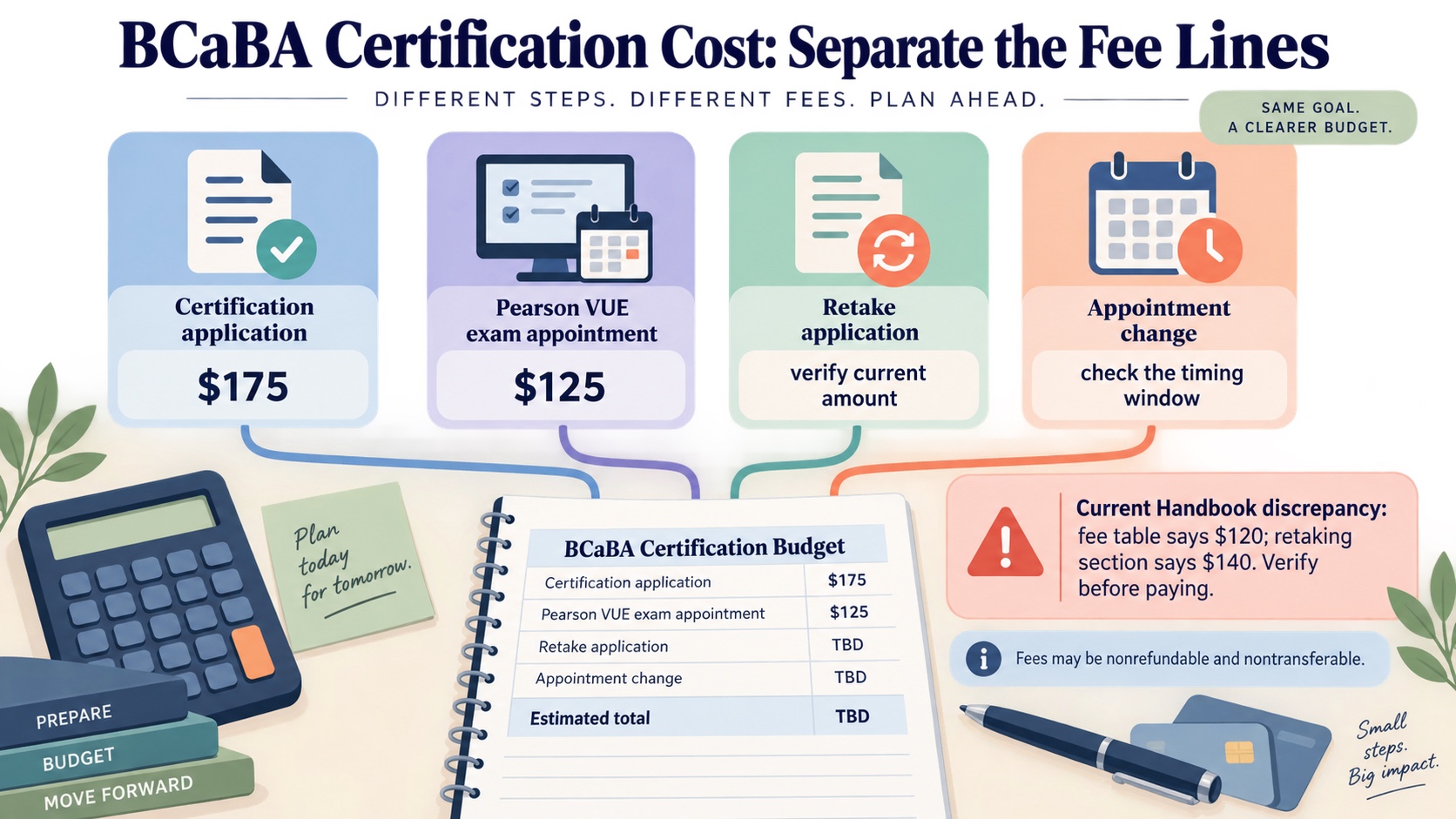 No-person infographic mapping BCaBA certification costs: $175 certification application, $125 Pearson VUE examination appointment, a retake application amount that must be verified because the current Handbook lists $120 in one place and $140 in another, and separate appointment-change fees.