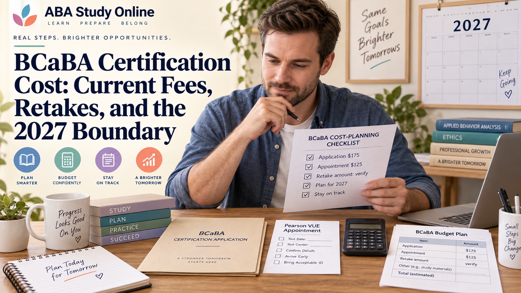 A White man reviews a BCaBA certification cost checklist with an application folder, Pearson VUE appointment note, retake warning, calendar, and calculator in an integrated ABA Study Online editorial scene.