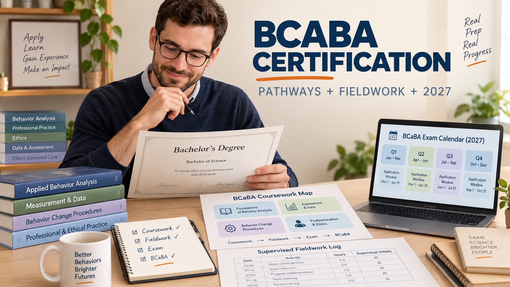 A White woman BCaBA learner organizing coursework, fieldwork, handbook, and examination documents in an editorial study scene.
