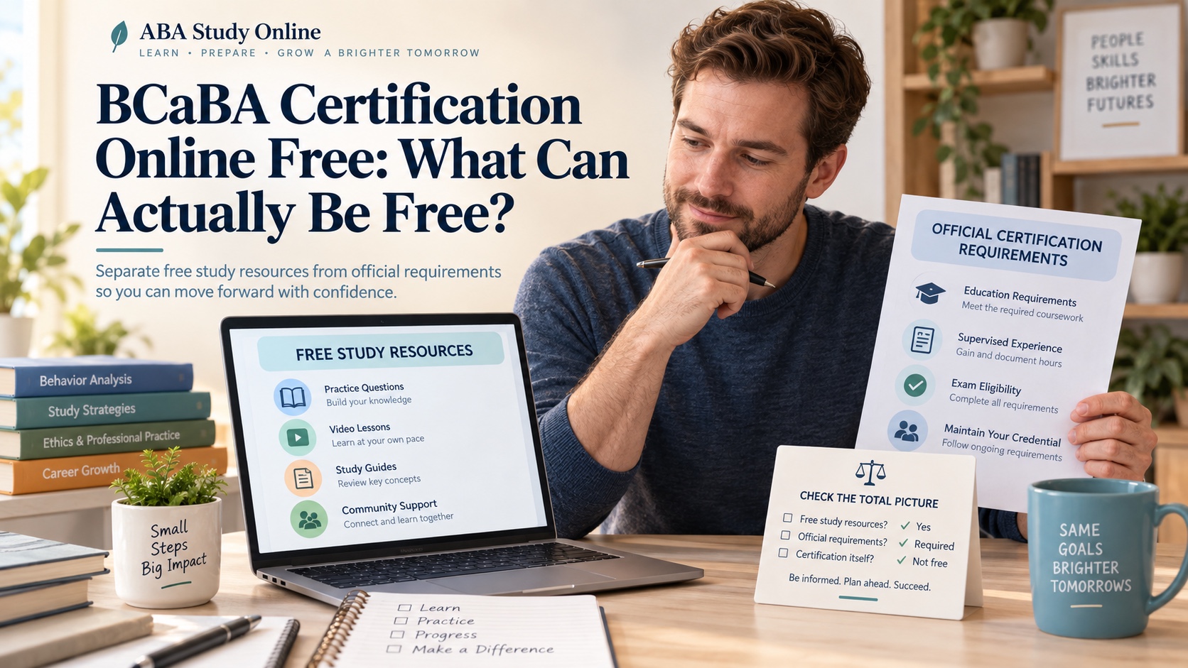 A White man compares free BCaBA study resources with an official certification checklist on a laptop and desk in an integrated ABA Study Online editorial scene without showing real credentials or payment data.