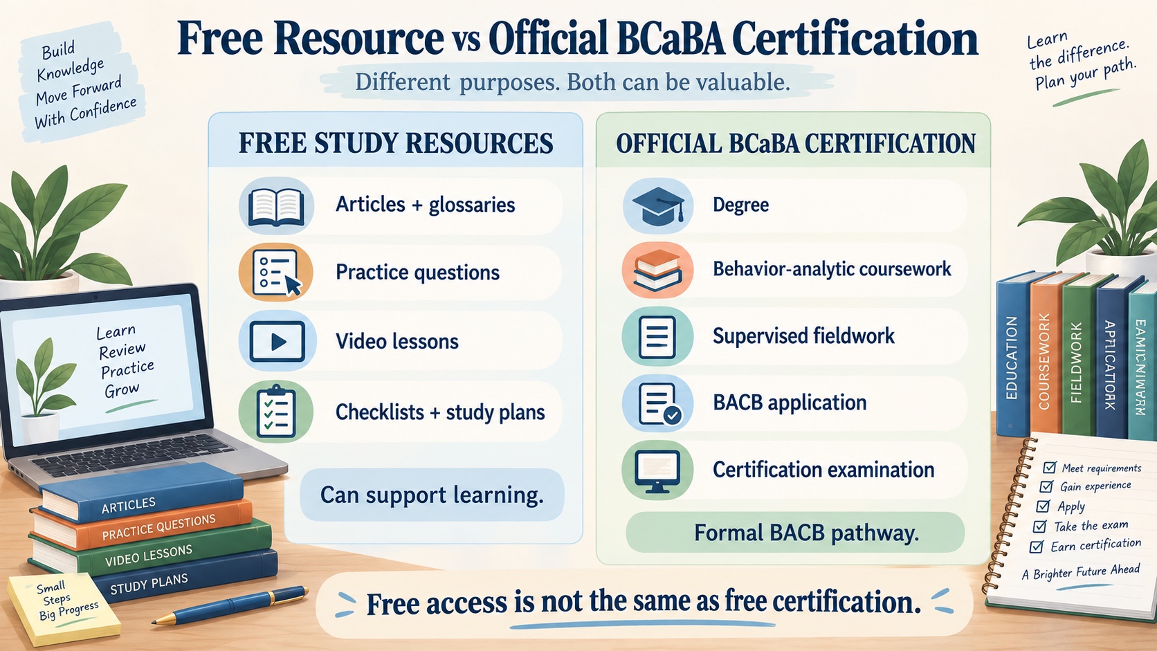 No-person infographic distinguishing free BCaBA study articles, previews, tuition assistance, and official BACB certification requirements, with a clear boundary between resources and credentials.
