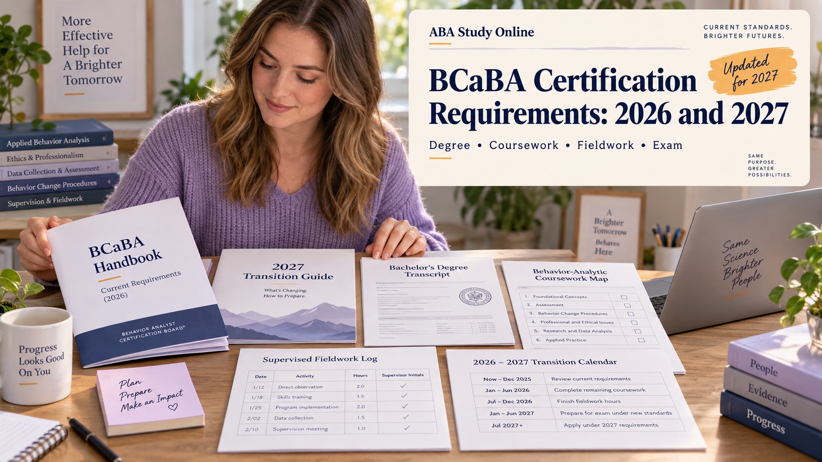A White woman organizes a BCaBA certification handbook, degree transcript, coursework map, fieldwork log, and 2027 transition calendar in one integrated editorial study scene.