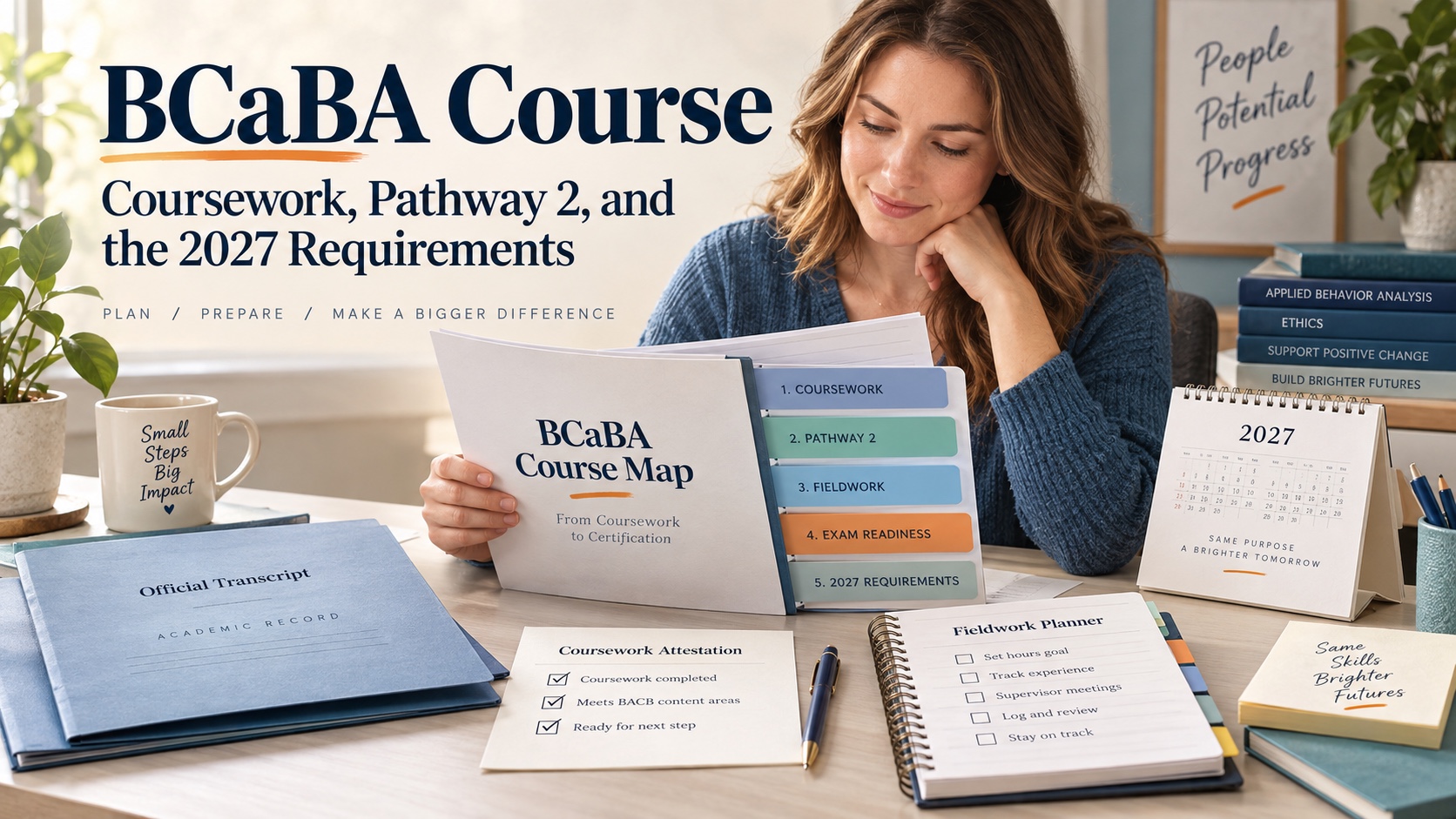 A White woman reviews a BCaBA course map, transcript folder, coursework attestation note, fieldwork planner, and 2027 calendar in an integrated ABA Study Online editorial scene.