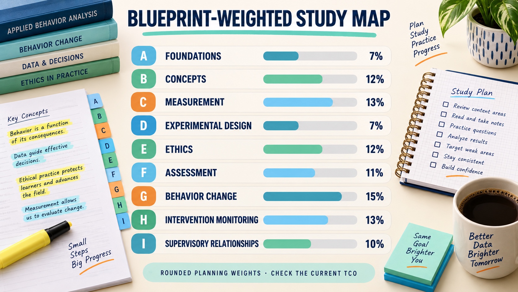 No-person infographic showing a blueprint-weighted BCaBA study map with rounded percentages for foundations, concepts, measurement, experimental design, ethics, assessment, behavior change, intervention monitoring, and supervision.