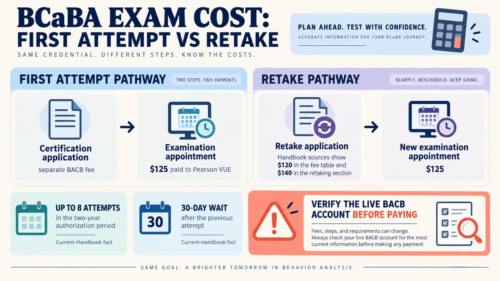 No-person infographic comparing the BCaBA first examination appointment with retake costs, showing $125 Pearson VUE appointment, the $120 versus $140 retake-application source conflict, and a verify-before-paying path.