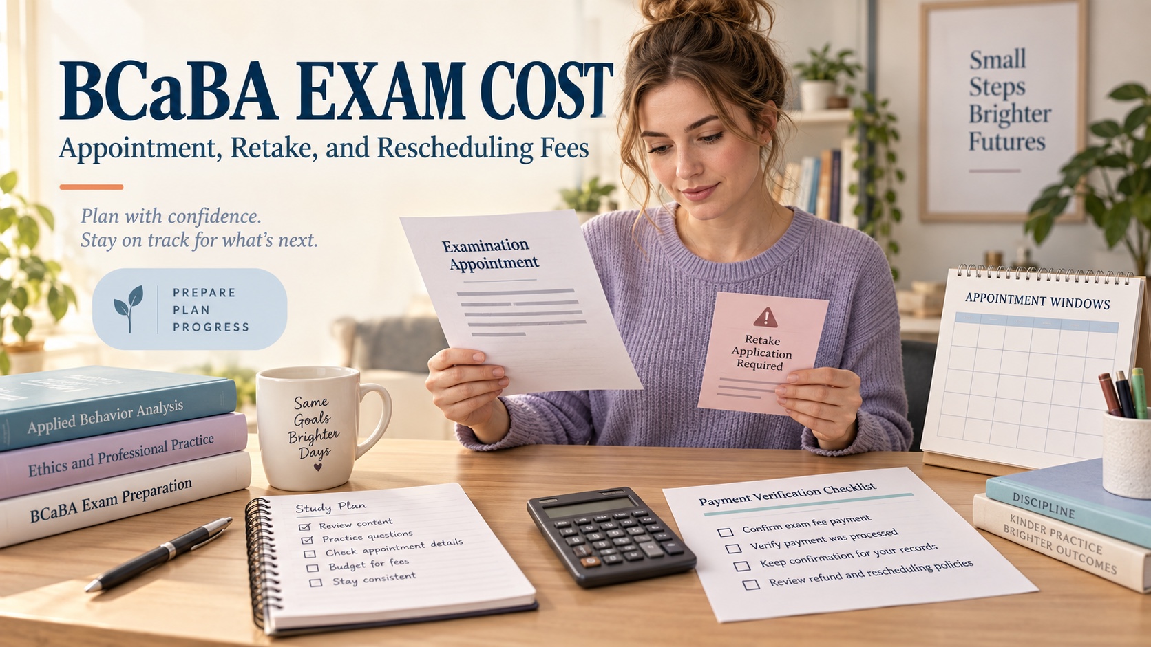 A White female BCaBA candidate reviews a Pearson VUE exam appointment note, retake warning, calendar, calculator, and payment checklist in one integrated editorial scene.