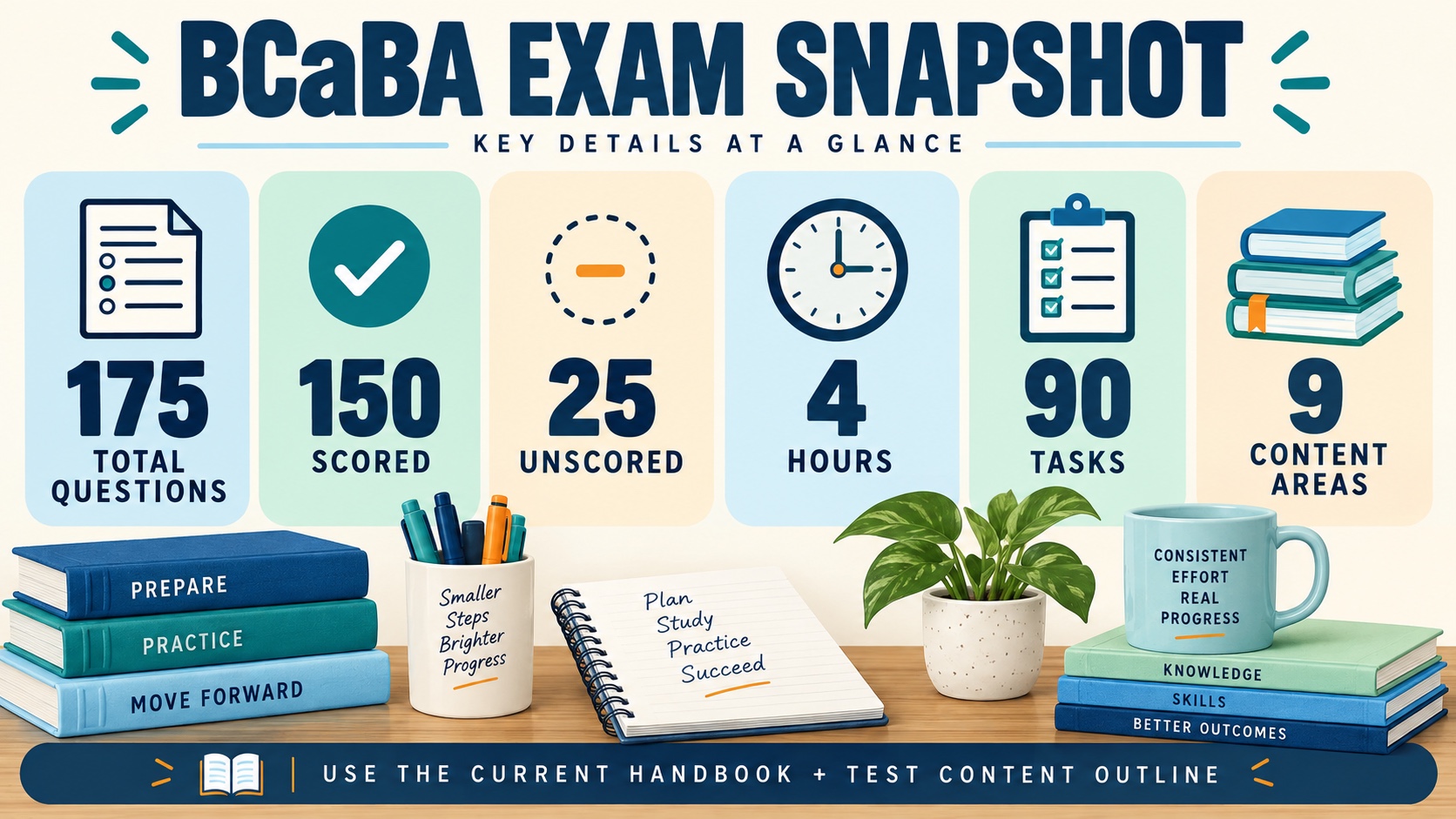 No-person infographic showing the current BCaBA exam snapshot: 175 total questions, 150 scored, 25 unscored, four hours, 90 tasks, and nine content areas.