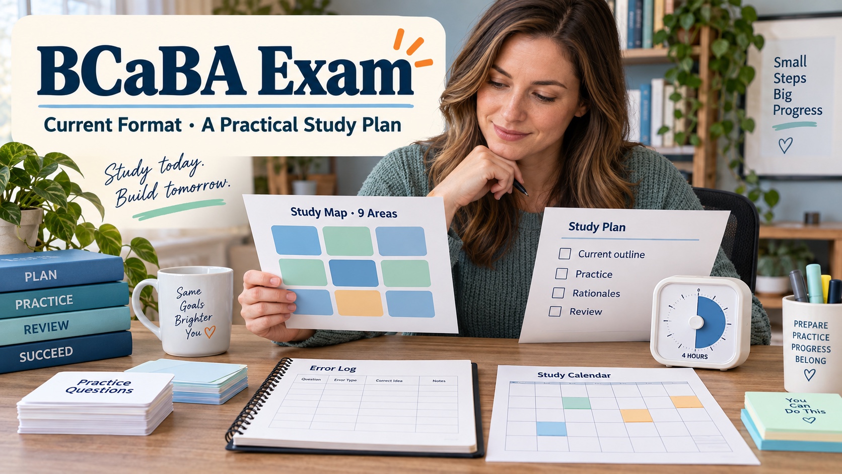 A White woman reviews a BCaBA exam study map, practice cards, and a timed review calendar.