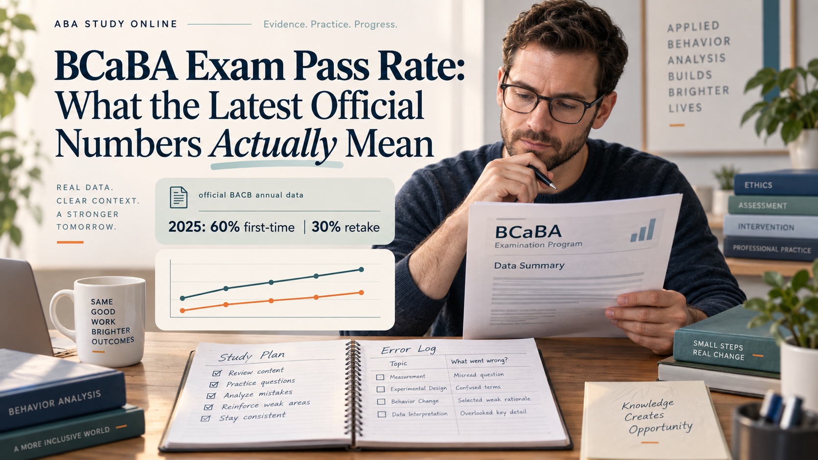 A White man reviews an official BCaBA examination pass-rate table beside a study notebook and error log in an integrated ABA Study Online editorial scene.